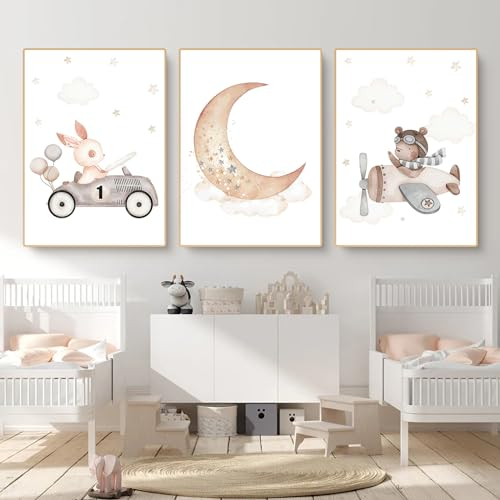 Bilder Kinderzimmer Poster 3er Set Mond Tiere Wandbilder Babyzimmer Wanddeko Leinwandbilder Warm Kinderposter Wandposter Geschenk für Mädchen und Jungen, Ohne Rahmen (30 x 40 cm/ 11.8 x 15.7 in)