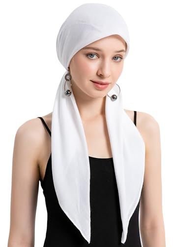 ZLYC Chemo Headwear Pre Tied Head Scarf for Women Lightweight Beanie Hat Skull Cover Cap Headwraps (Solid White)