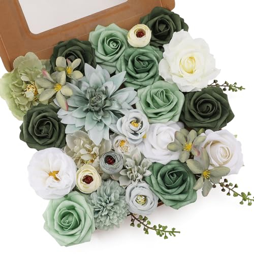 Floweroyal Artificial Flowers Kombination Grüne Blumen Mischen Dahlia Rosen mit Stielen für DIY Hochzeit Brautsträuße, Babyparty, Blumenarrangement, Tischmittelstücke, Heimdekoration