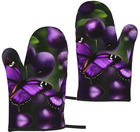 DJnni Purple Plum Butterfly Silicone Insulated Oven Mitts (One Pair),Oven Glove High Heat Resistant,for Cooking Barbecue