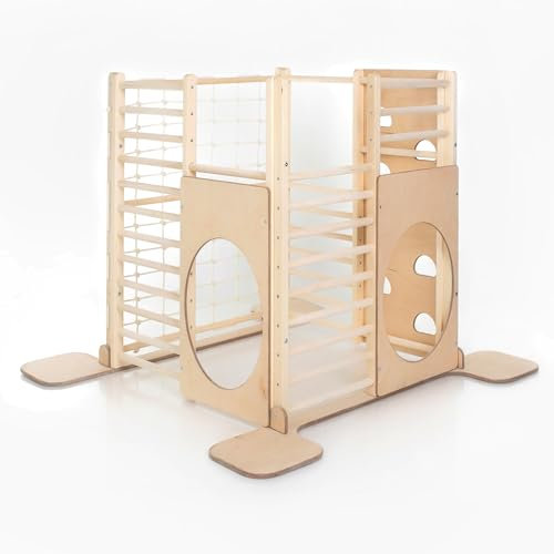 HomeForDreams Holz Montessori-Inspirierter Quadratischer Kletterturm für Kleinkinde: Faltbarer Indoor-Spielplatz mit Zubehörbrettern (Naturholz, Ohne Zubehör)