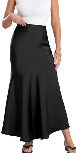 Maeau Gonna da donna a matita, in raso, a vita alta, gonna a campana, gonna a campana, gonna in raso, elastico in vita, mezza figurina, per business, feste, S-XL, Nero , S