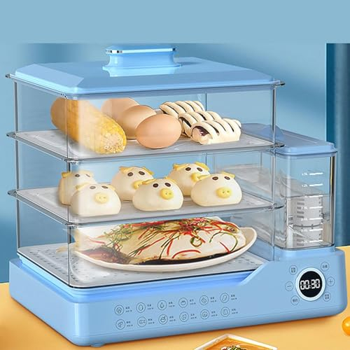 Vaporera Eléctrica para Alimentos Vaporera De Verduras De 3 Niveles para Cocinar, Citar Y Cronómetro Vaporera Digital Multifuncional para Una Cocción Simultánea Rápida,Azul