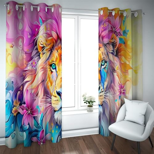 LANDOCROWN Graffiti Löwe Verdunkelungsvorhänge Moderne stilvolle Ösenfenster Vorhänge Abstrakte Bunte Tiger Muster Rauschunterdrückung Vorhang 2X B132 x H90 cm