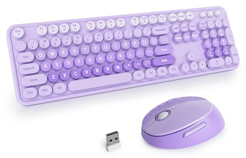 SbocKeeb Niedlich Kabellose Tastatur und Maus, Amerikanisch QWERTY,104 Schreibmaschinentastatur in Voller Größe, 2.4 GHz Bunt Tastatur Maus Set mit Retro Runden Tastenkappen,Gradient Purple