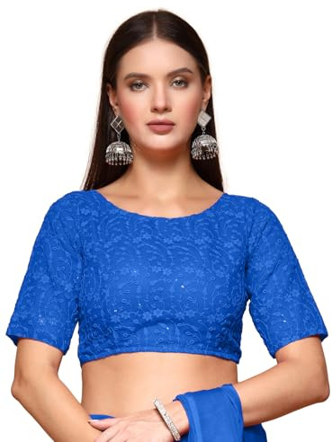 OOMPH! Zari Work Readymade Brocade traditionell etnisk blus med bladmönster och rund hals för att kombinera med sari, bengas eller plazzo för fusion, blå, 42