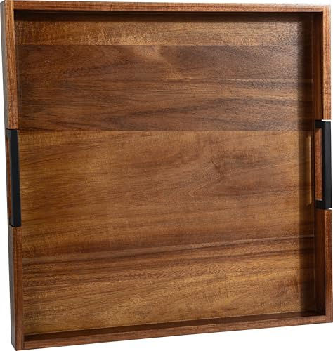 Joy&Grace Serviertablett aus Akazienholz mit Metallgriffen, großes quadratisches Holztablett für Couchtisch und Wohnzimmer, Dekotablett, Frühstückstablett fürs Bett (50,8 x 50,8 x 5 cm, hellbraun)