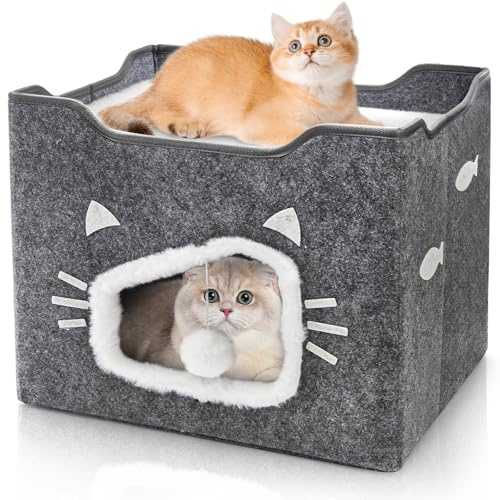 Acshio Cat House for Indoor Cats, Large Covered Cat Bed with Cushion Pad Fluffy Ball Hanging, Foldable Cute Cat Cave Bed Cat Condo Hideaway for Pet Cats, Multi Small Pet, Grey