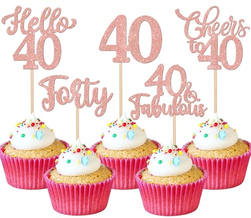 Xsstarmi 30 Pack Happy 40th Birthday Cupcake Toppers Glitter Hello 40 Fabulous Forty Birthday Cupcake Picks Cheers to 40 Years Cake Decorations for Happy 40th Birthday Party Supplies Rose Gold