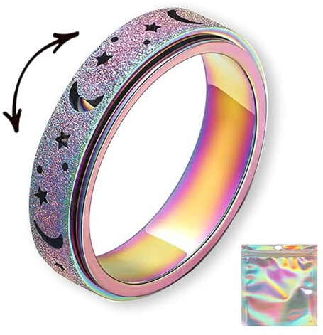 UxClishe 2Pcs Anxiety Rings Spinner, Rotating Star Moon Stainless Steel Rotating Fidget Ring with Laser Transparent Ziplock Bag, Stress Relief Jewelry, for Wedding Band Ring Engagement Promise (8)