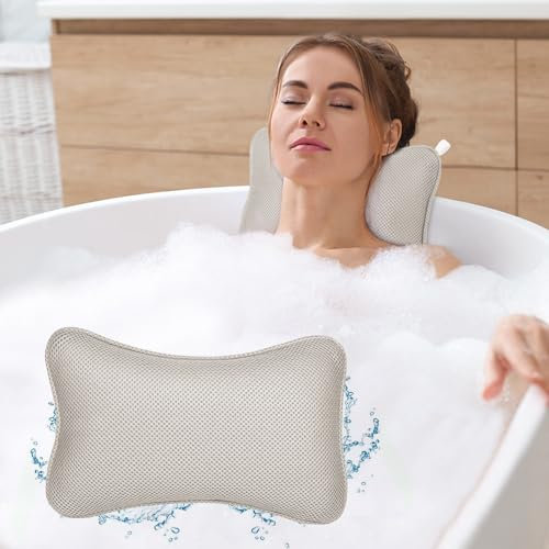 Alaoo Bath Pillow, 4D Luxury Bath Bathtub Pillow & Bath Ball Set, Ergonomic Mesh SPA Tub Pillow, with Non-Slip Suction Cups Ergonomic Home Spa Headrest for Relax Body Head (Rectangular, Light Grey)