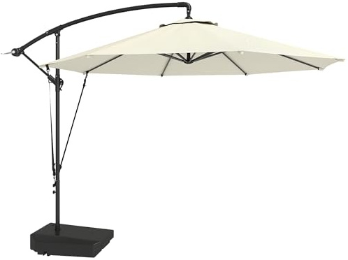 Outsunny 3(m) Garden Cantilever Parasol with Fillable Base up to 90kg, Wind Protection Strap, Cover, Round Banana Hanging Umbrella with Crank Handle and Tilt, UPF50+ Patio Umbrella, Cream