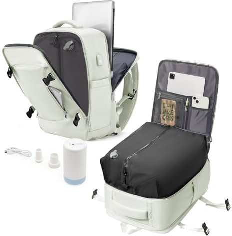 Mochila Vacio con Bomba Mochila Viaje Cabina Avion con Compresión al Vacío Airbag, Impermeable, Equipaje de Mano para Hombre Mujer -Blanco