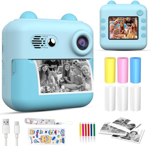 Kids Camera Instant Print，Suitable for Birthdays for Children Aged 3-10，1080P HD Digital Child Printable Camera，Portable Toys for Kids (A22-Blue)