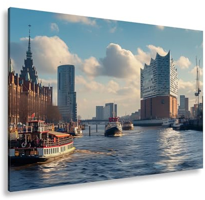 deyoli Leinwandbild Hafenzauber mit Elbphilharmonie im goldenen Morgenlicht. Format: 120x80cm XXL Kunstdruck Bild auf Keilrahmen/Wandbild/Wohnzimmer Dekoration