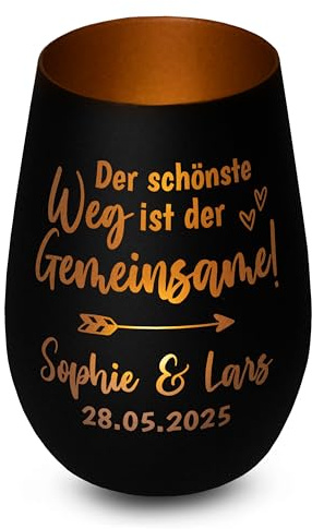 Windlicht personalisiert „Der schönste Weg ist der Gemeinsame!“ - Glas mit Gravur - Liebesgeschenk für Paare, Geschenk zum Jahrestag, zur Hochzeit für Brautpaar, Deko - Schwarz, innen Bronze