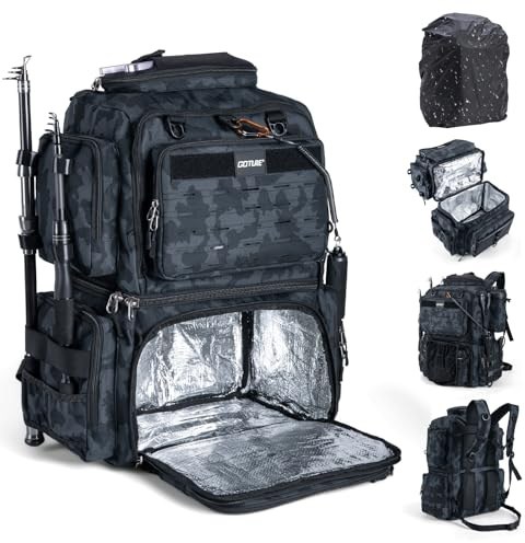 Goture Mochila de pesca de doble nivel: bolsa impermeable de 53 l para aparejos de pesca, con exclusivo concepto de compartimiento, capa aislante y protección contra la lluvia, funda Oxford EVA 600D