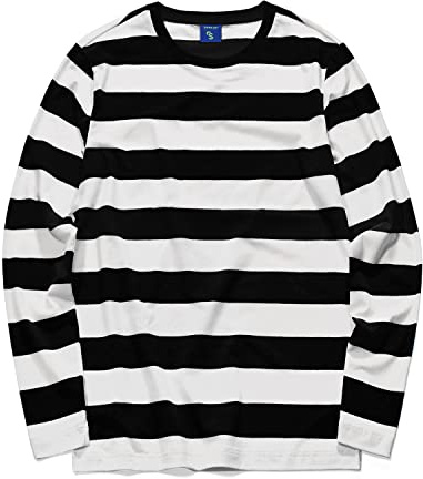 Zengjo Mens Black and White Striped Long Sleeve T Shirt,M