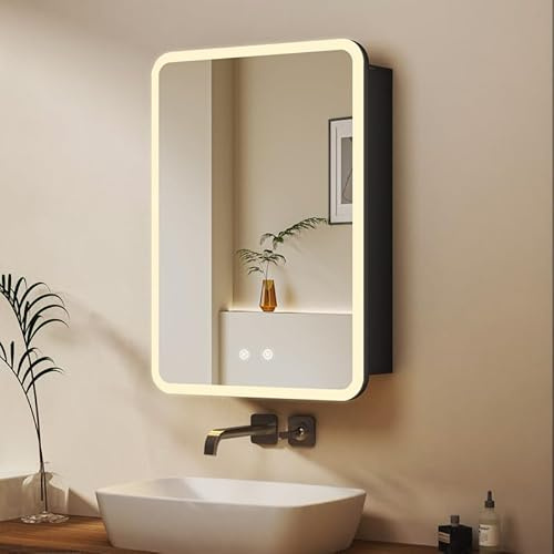 WDWRITTI Spiegelschrank mit Beleuchtung 40x60cm LED Badezimmerschrank, Dimmbar Bad Spiegel Badschrank Abgerundete Ecke Medizinschrank mit Anti-Beschlag-Funktion, 2 Glasablage