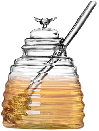 Tarro de miel con cucharón y tapa, tarro de miel de transparente con dispensador, elegante y hermoso recipiente de vidrio para almacenar, salsas