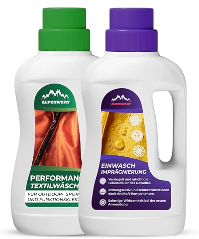 ALPENWERT Imperméabilisant 500 ml + lessive 500 ml [Fabriqué en Allemagne] – Imprégnation de lavage & lessive de sport pour vêtements d'extérieur, de ski et de fonction – Gore-tex UVM Impränier