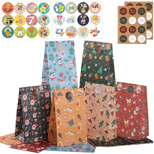 Hianjoo Sacchetti di Carta Natalizi, Calendario dell'Avvento Confezione da 24 Sacchetti Natalizi in Carta Kraft con 24 Adesivi per Decorazioni per Feste di Natale, 6 stili 22 * 12 * 8 CM (Colore)