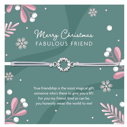 Letterbox Love Christmas Friendship Bracelet | Fabulous Friend Silver Wreath Adjustable Bracelet with Festive Card & Soft White Pouch | Christmas Jewellery for Best Friend | Secret Santa