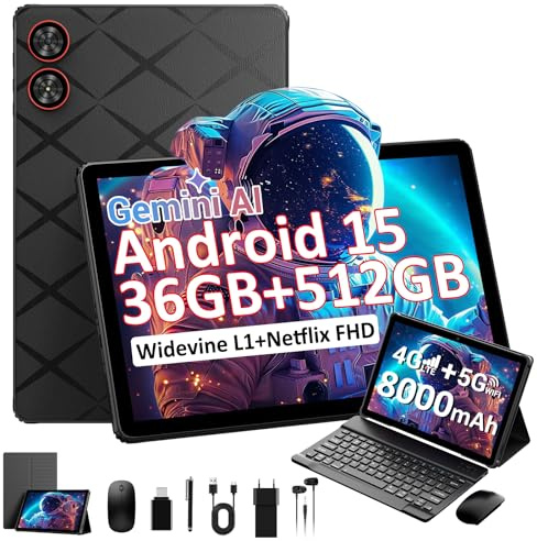 TIGERFU Android 15 Tablette, Tablette 11 Pouces avec Carte SIM, 36GB+512GB (TF 1TB), 4G LTE et 5G WiFi, Widevine L1, 2000 * 1200 IPS, 8000mAh/8MP+13MP/OTG/GPS, Tablet avec Clavier/Souris/Etui - Noir