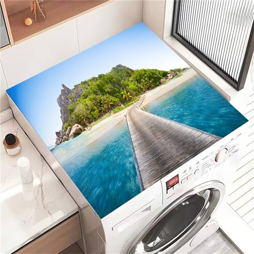Highdi Housse de Protection pour Machine à Laver Top Plage élégante, Coussin de Machine à Laver Antidérapant, Tapis de Protection pour Dessus Sèche-Linge Séchage Rapide (Plage 5,30x40cm)