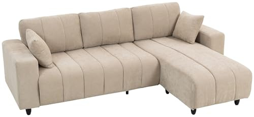 HOMCOM Canapé d'angle réversible, 242 cm, canapé 3 Places modulaire, méridienne, 2 oreillers, Coussin à Ressorts, Assise intégrée, Cadre en Acier, Tissu Aspect Lin, pour Salon, Petit Espace, Beige