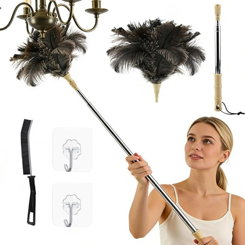 Plume Autruche Plumeau, Plume D'autruche Télescopique Plumeau de Nettoyage, Poils D'autruche Antistatiques adaptés pour Enlever la Poussière et Les Toiles D'araignée, avec Crochet et Brosse
