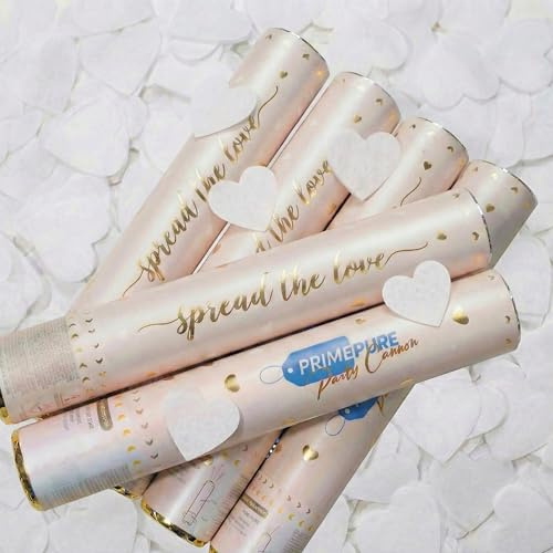 PrimePure Konfetti-Kanone Party Poppers – Biologisch Afbreekbaar Weißes Herz-Konfetti – 6er Pack – Party-Shooter Kanonen für Hochzeiten, Geburtstage & Feiern