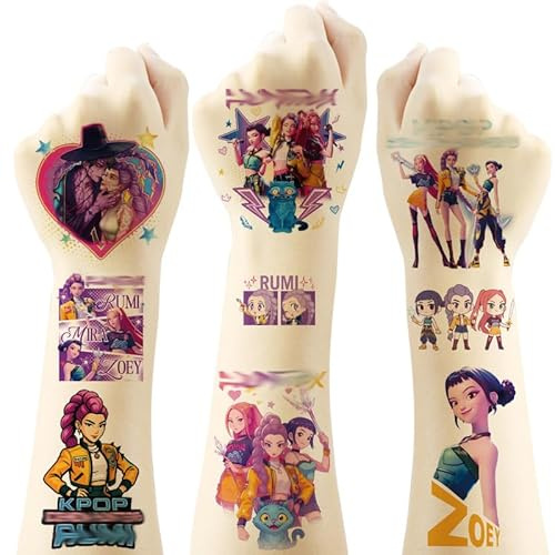 8 Sheets Kpop Temporary Tattoos Stickers, 128Pcs Variety of Tiny Cartoon Waterproof Tattoos, Hand Neck and Wrist Art Fashion, Korean Idol Theme Decorations for Girls