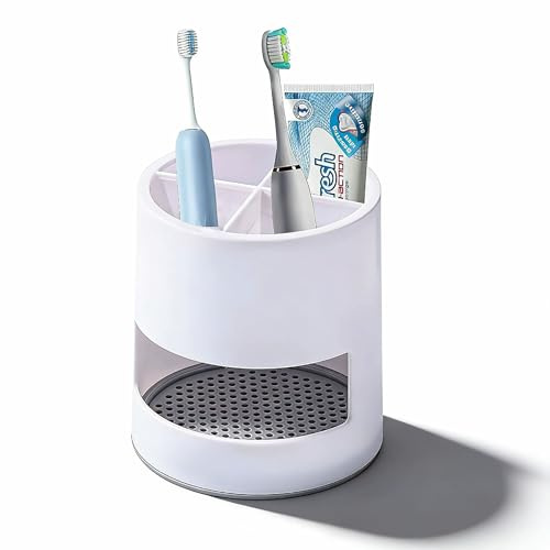 White Toothbrush Holder with Drainage Abnehmbarer Zahnbürstenhalter Kunststoff rutschfest 4 Schlitze Zahnputzbecher für Badezimmer Küche Arbeitsplatten-Organizer