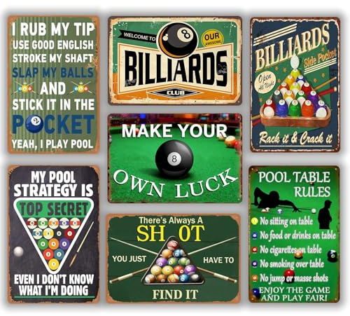 Funny Billiards Metal Tin Sign, Vintage Style, 20x30 cm, Set of 7, Wall Art for Game Room, Man Cave, Sports Bar, Unique Gift for Men