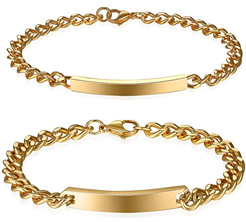 JewelryWe Schmuck Pärchen Armband mit Gravur, Personalisierbares Partnerarmband Freundschaftsarmband Edelstahl Panzerkette Paar Armbänder für Herren Damen, Sllber Gold Schwarz Rosegold