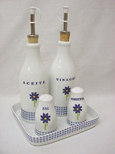 JUEGO ACEITERA VINAGRERA SAL SALERO PIMIENTA PIMENTERO PORCELANA MARGARITA AZUL VICHY AZUL