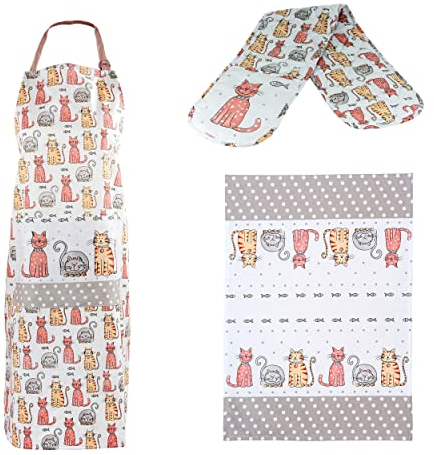 SPOTTED DOG GIFT COMPANY 3er Set - Abtrockentücher Küche, Küchenschürze, doppelter Ofenhandschuhe Hitzebestaendig, Baumwolle mit Katzen-motiv, Geschenke für Katzenliebhaber