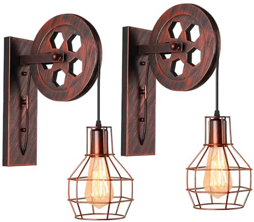 2 Stücke Industrial Wandlampen, iDEGU Vintage Wandleuchten im Riemenscheibe Design Retro Lampe aus Metall und Holz E27 Hängelampe Wandlampe für Schlafzimmer Wohnzimmer Restaurant Bar Flur - Roter Rost
