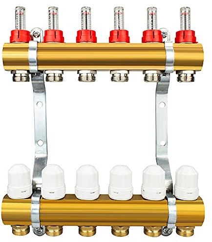 Messing Heizkreisverteiler 2-12 fach Fußbodenheizung Verteiler Heizkreise (6 Heizkreise)