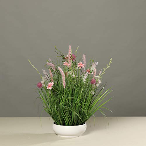 mucplants Blumengesteck pink/lila künstliche Wiesenblumen in weißer Schale, H50cm Tischgesteck Kunstblumen