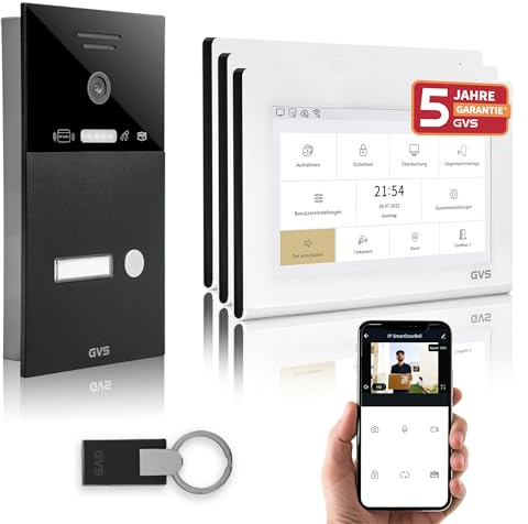 GVS IP Video Türsprechanlage mit Türöffner, RFID, 3X 7 Zoll Monitor & App | Smarte Video Türklingel mit Kamera und Monitor & App - Gegensprechanlage für 1 Familienhaus (AVS4464U)