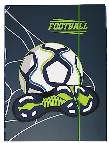 Stabile Kinder Box Sammelbox Heftbox Heftmappe Sammelmappe für Schulranzen Dossier Ordner mit Gummizug Gummiband und Innenklappen DIN A4 für Jungen (Fußball Football)