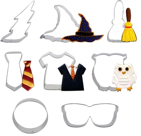 Fangleland Zauberer Keksausstecher Set, 12 teilige Ausstecher aus Edelstahl, mit Eule, Hut, Besen, Krawatte und Blitz, Formen für Kekse, geeignet für Babyparty, Geburtstagsfeier und Halloween