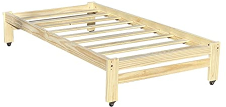 Pennsylvania Wooden Wheeled Platform Bed Solid Pine Wood Twin Size Bed with Casters Unfinished with Wooden Slats Mattress Support/No Box Spring Needed