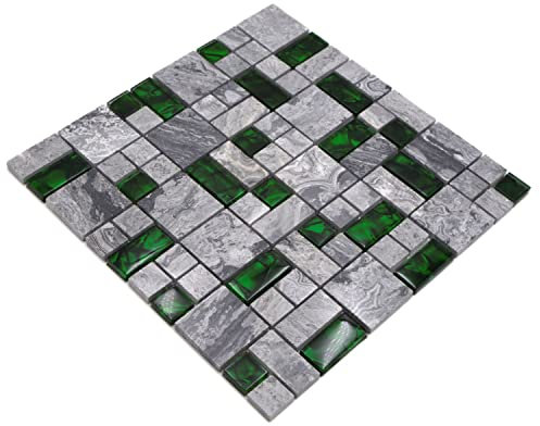Mosaico de cristal de piedra natural, multiformato, piedra natural, mosaico de cristal gris con verde brillante, para pared, suelo, cocina, baño, ducha