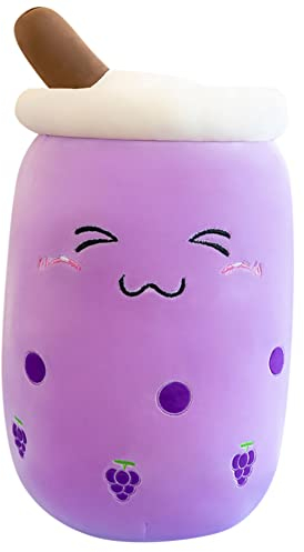 Herbests Bubble Tea Plüschtier, 35CM Boba Kuscheltier Milchtee Teetasse Kissen Gefüllte Plüsch Spielzeug Obst Geburtstagsgeschenk für Kinder Erwachsene, Traube Gesicht, HER00123855