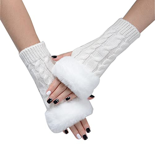SUNTRADE Women Knit Fingerless Gloves, Arm Warmers with Faux Fur, Winter Fingerless Wrist Warmer Mittens