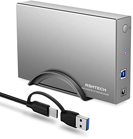 RSHTECH Alloggiamento per disco rigido esterno USB 3.0 in alluminio 2,5 e 3,5, USB 3.0 SATA Hard Drive Case per SSD & HDD, 24W alimentatore, dati USB 2 in 1, supporta UASP