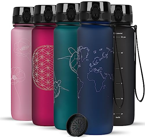 720°DGREE Trinkflasche 1l mit Motiv “uberBottle“ +Sieb - Auslaufsicher, Leicht, BPA-Frei, Bruchsicher - Wasserflasche für Uni, Sport, Fitness, Fahrrad, Outdoor - Mehrweg Tritan Sportflasche - Blau